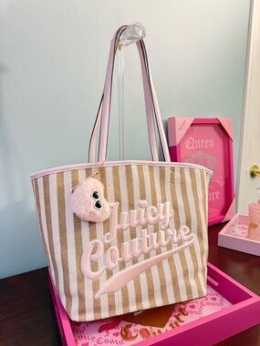 Juicy Couture Pink & Tan Striped Logo Tote with Plush Charm